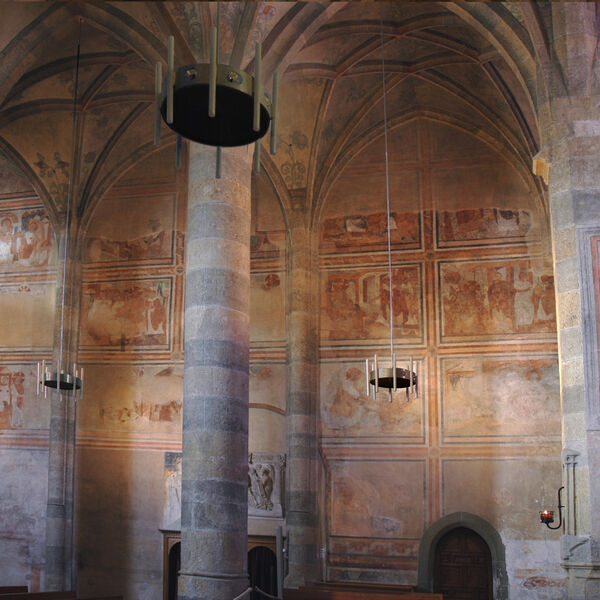 Müstair Convent Church, interior view, Carolingian wall paintings, frescoes, Charlemagne